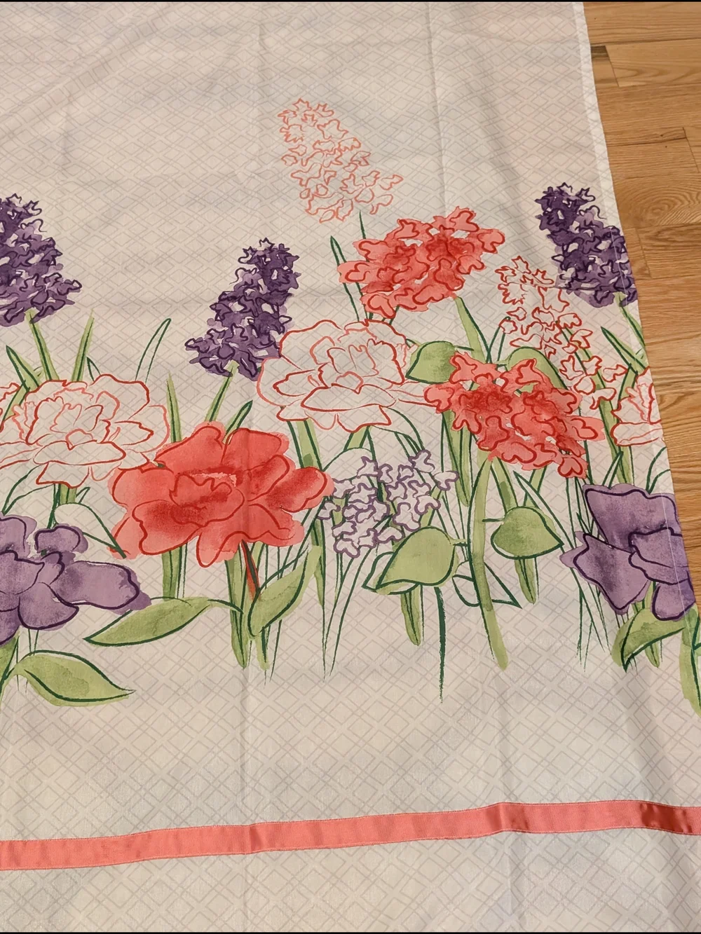 Floral Garden Printed Shower Curtain  White with Coral & Purple Flowers